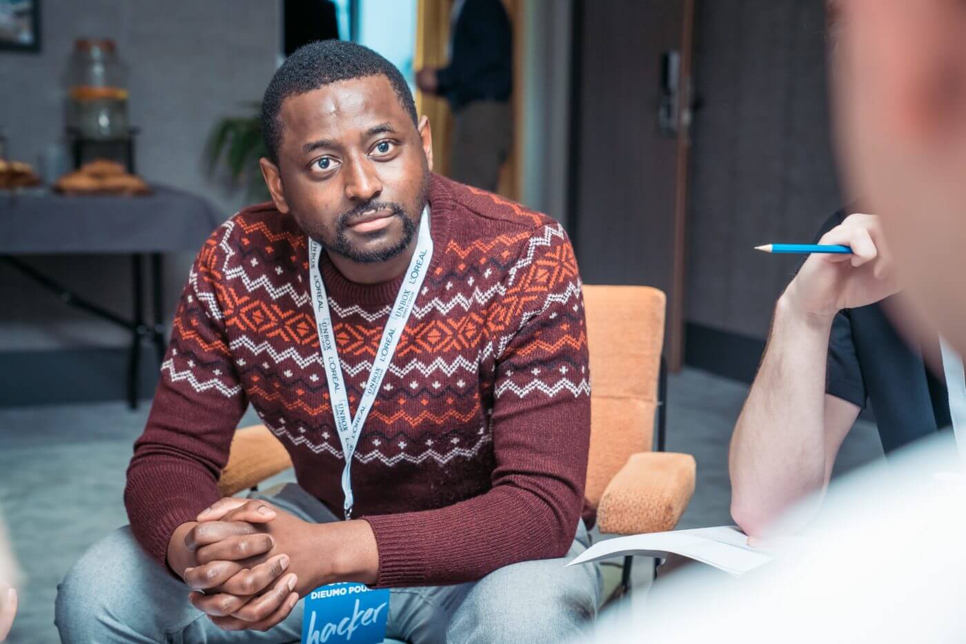 a man listening carefully to someone talking