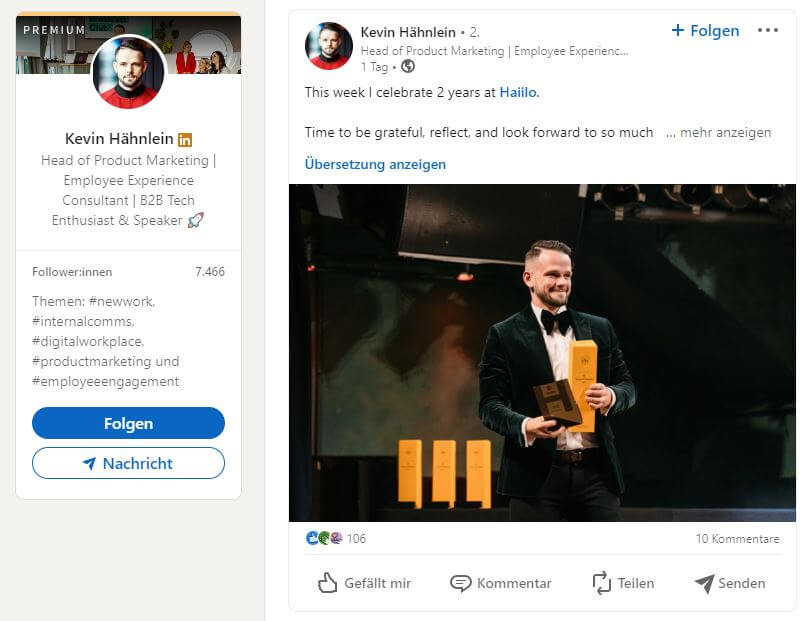 Beispiel Corporate Influencer bei LinkedIn: Kevin Hähnlein