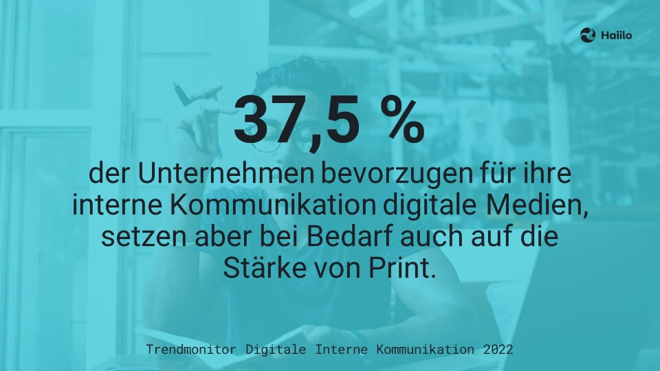 Zitat: 37,5 % der Unternehmen bevorzugen für ihre interne Kommunikation digitale Medien, setzen aber bei Bedarf auch auf die Stärke von Print