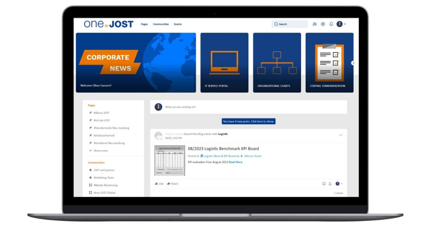 Startseite des Social Intranets der JOST-Werke auf einem Laptop