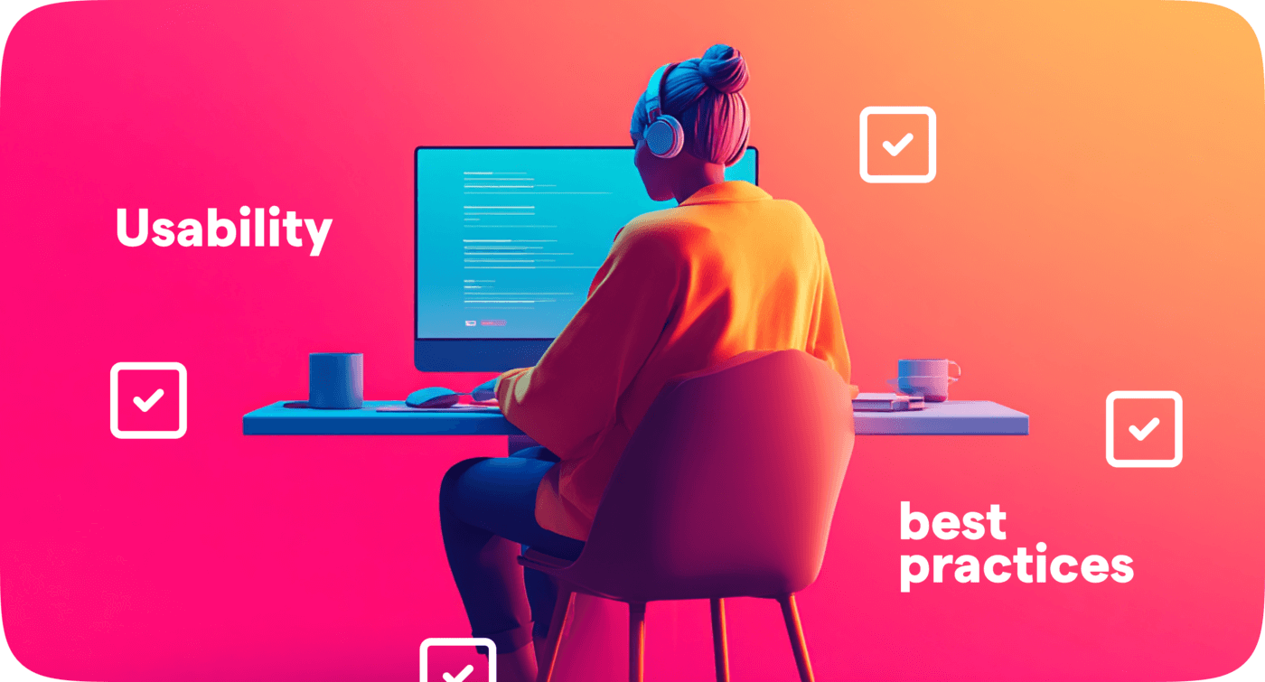 Illustration einer Person mit Kopfhörern am Computer. Symbolische Darstellung von Intranet Usability Best Practices für moderne digitale Arbeitsumgebungen.